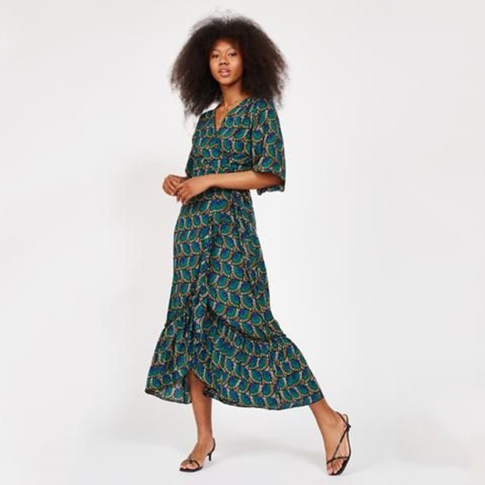 Printed V-Neck Midi Dress in Teal and Navy